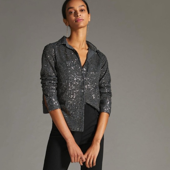Anthropologie Sequin Button-down Shirt Slate Gray Top Medium Petite - Picture 3 of 15